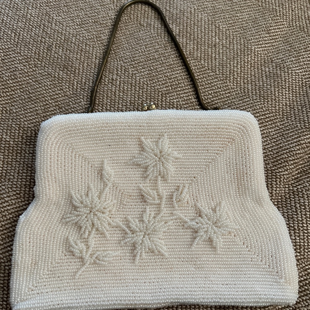 Vintage White Seed Pearl Earnest Beaded Evening Wedding Mini Clutch Bag EUC